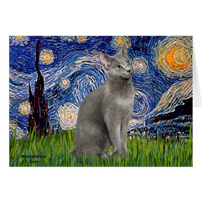 Starry Night - Russian Blue cat Hälsningskort (Framsidan Horizontal)