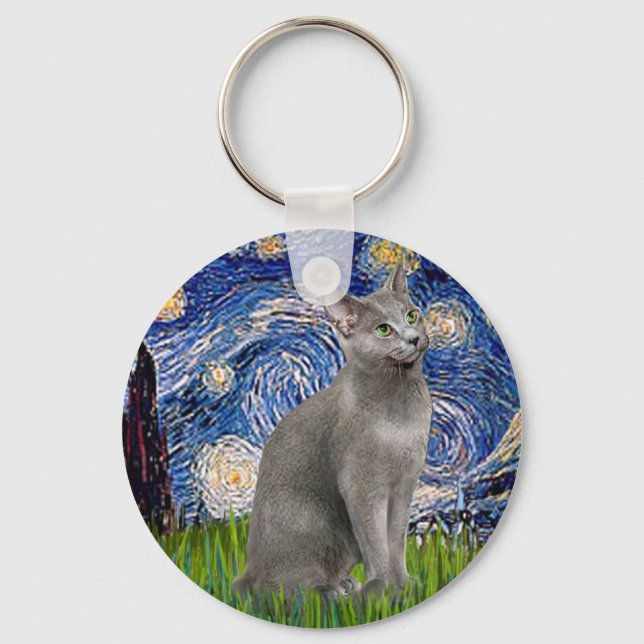 Starry Night - Russian Blue cat Nyckelring (Framsida)