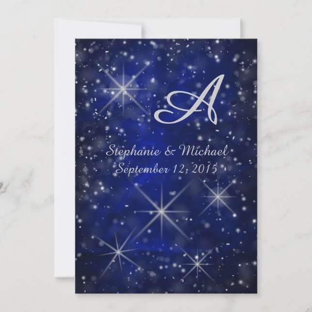 Starry Night Silver Monogram Elegant Blue Inbjudningar (Framsida)