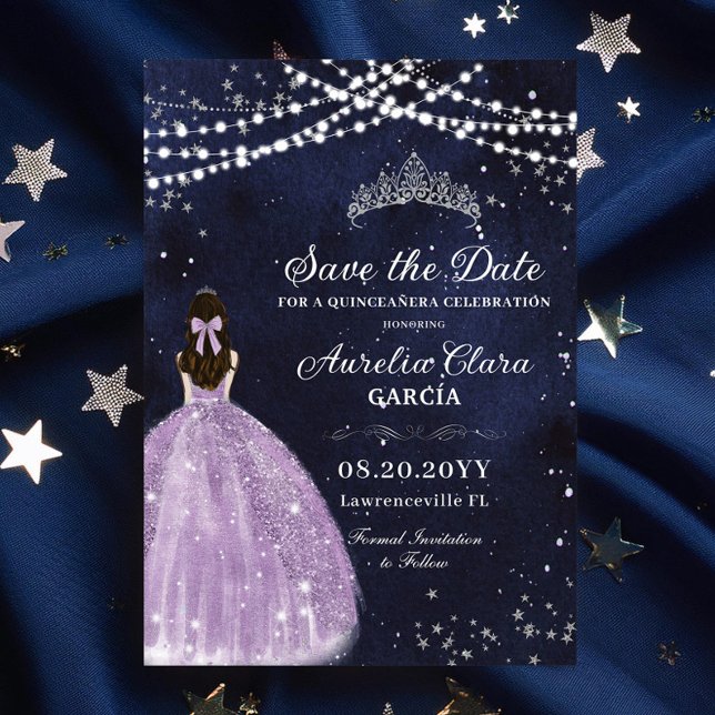Starry Night Star Lila Quinceañera Spara datum (starry nights under the stars purple lilac dress princess silver quinceanera sweet 16 save the date )