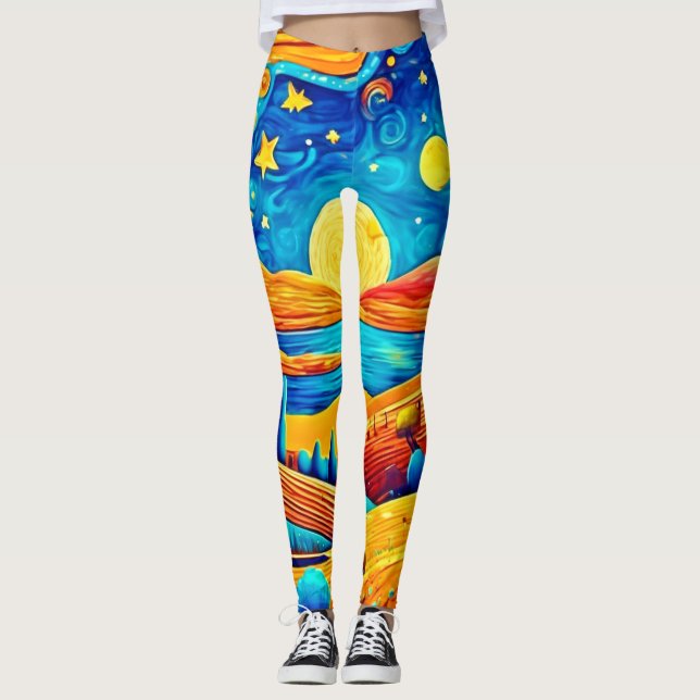 Starry Night Surrealism Tecknad Art Leggings (Framsida)