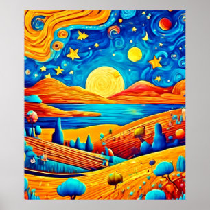 Starry Night Surrealism Tecknad Art Poster