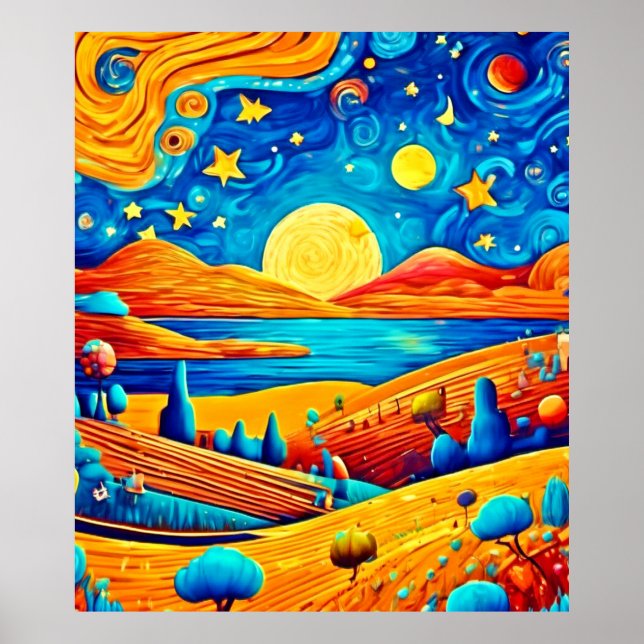 Starry Night Surrealism Tecknad Art Poster (Framsidan)