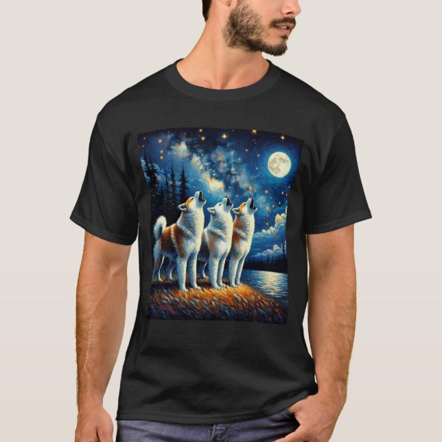 Starry Night Three Akita Howling vid Måne Hund äls T Shirt (Framsida)