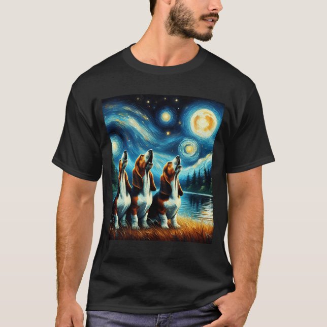 Starry Night Three Basset Hounds Howling i Måne T Shirt (Framsida)