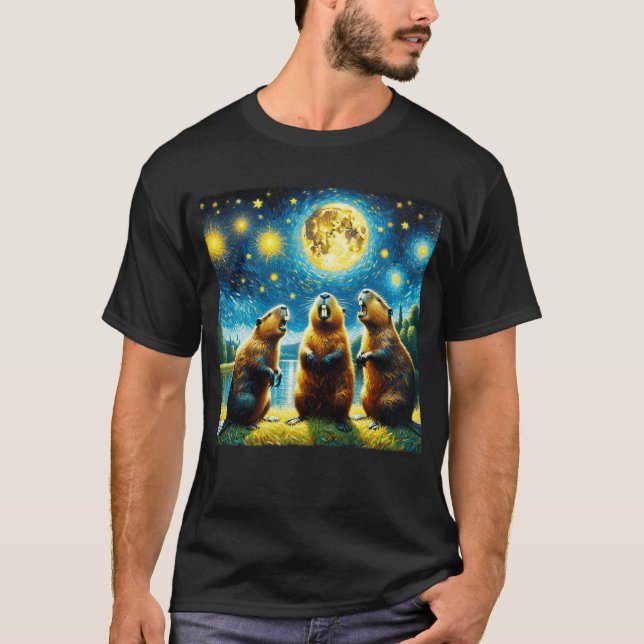 Starry Night Three Beavers Howling vid Måne Van Va T Shirt (Framsida)
