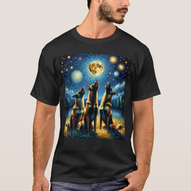Starry Night Three Belgium Malinois Howling på T Shirt (Framsida)