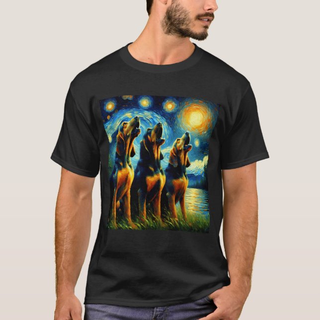Starry Night Three Bloodhounds Howling i Måne T Shirt (Framsida)