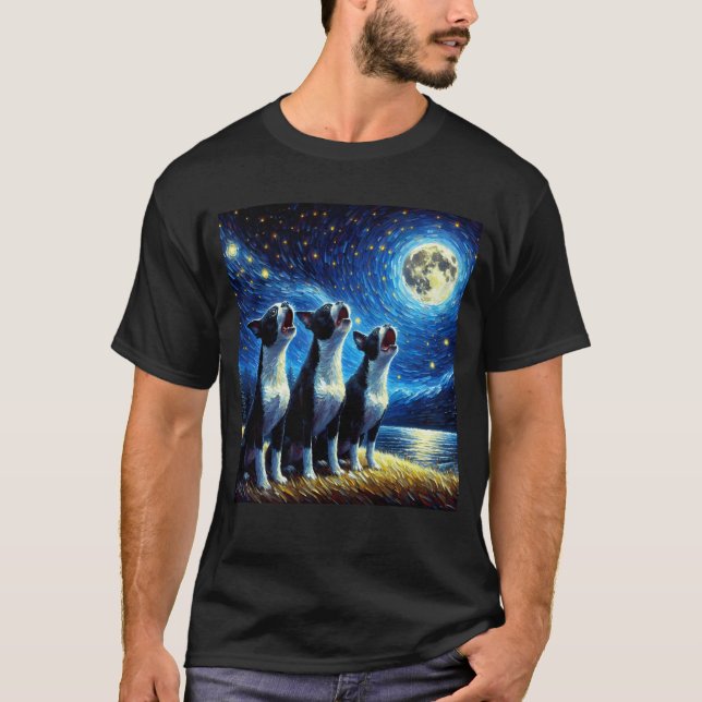 Starry Night Three Boston Terriers Howling på T Shirt (Framsida)