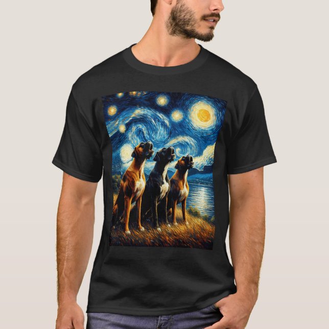 Starry Night Three Boxers Howling vid Måne Hund T Shirt (Framsida)