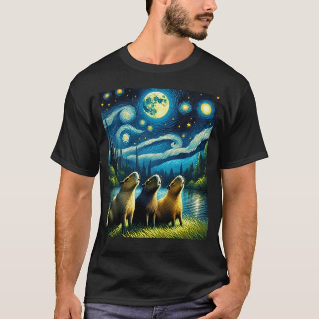 Starry Night Three Capybaras Howling i Måne T Shirt (Framsida)