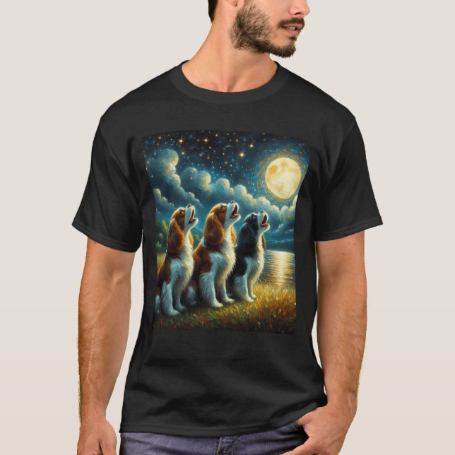 Starry Night Three Cavalier Kung Charles Spanska T Shirt (Framsida)