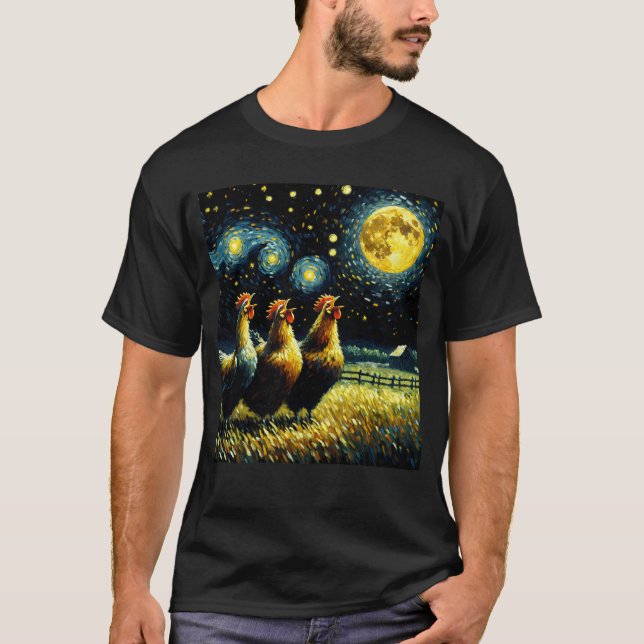Starry Night Three Chicken Howling på Måne Farm T Shirt (Framsida)