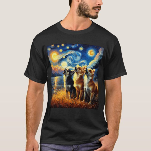 Starry Night Three Chihuahuas Howling vid Måne Hun T Shirt (Framsida)