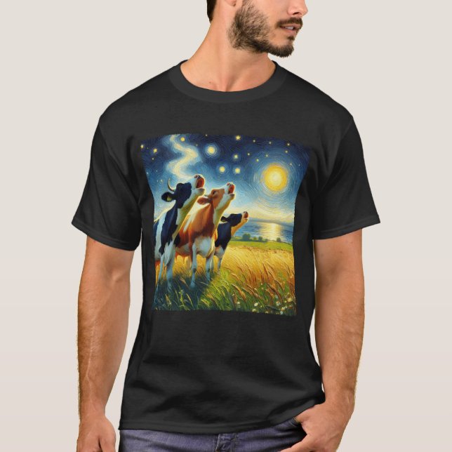 Starry Night Three Cows Howling vid Måne Van Gogh T Shirt (Framsida)