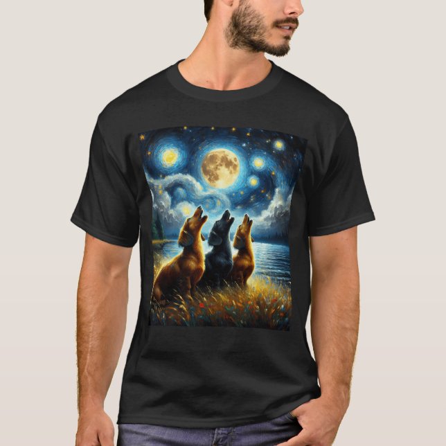 Starry Night Three Dachshunds Howling i Måne Hund T Shirt (Framsida)