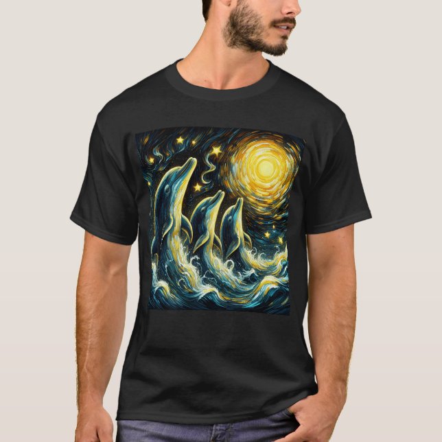 Starry Night Three Dolphins Howling i Måne T Shirt (Framsida)