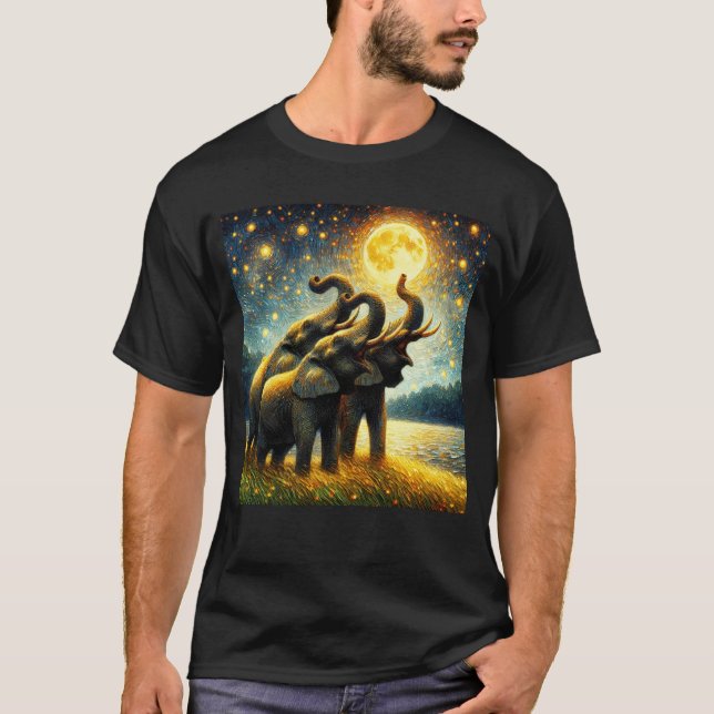 Starry Night Three Elephants Howling i Måne Van Va T Shirt (Framsida)