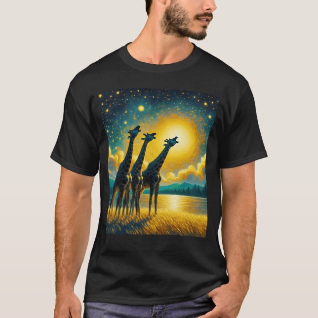Starry Night Three Giraffes Howling vid Måne Van V T Shirt (Framsida)
