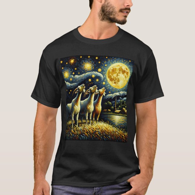 Starry Night Three Goat Howling på Måne Farm T Shirt (Framsida)