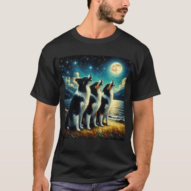 Starry Night Three Gräns Collies Howling i Måne T Shirt (Framsida)