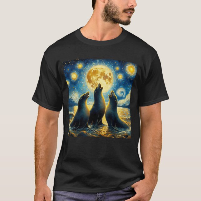 Starry Night Three Sälar Howling vid Måne Van Gogh T Shirt (Framsida)