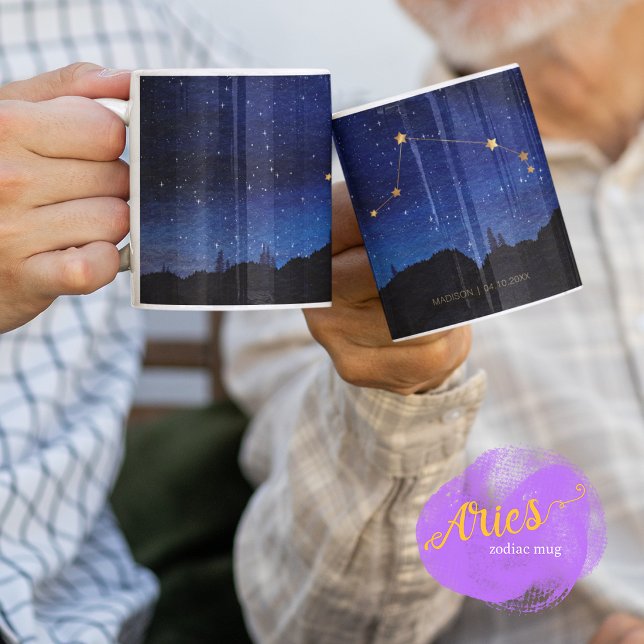 Starry Night Trees Gold Aries Zodiac Constellation Kaffemugg (Skapare uppladdad)