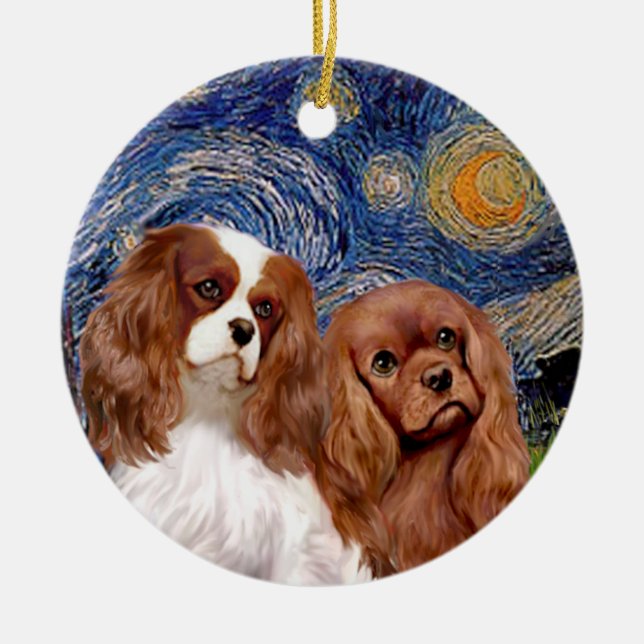 Starry Night - TWO Cavaliers (BL+Ruby) Julgransprydnad Keramik (Framsidan)