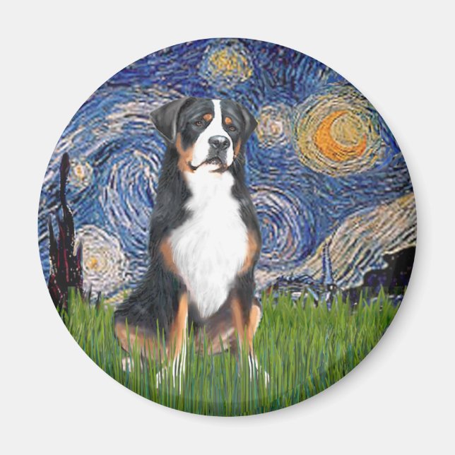 Starry Night-Underbarare Swiss Mountain Hund Magnet (Framsidan)