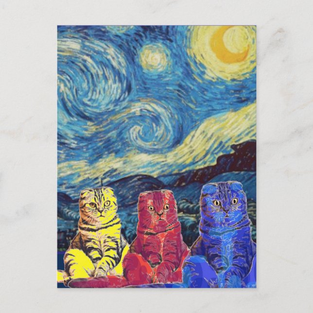 Starry Night, Van Gogh, Cat Art Parody Vykort (Framsida)