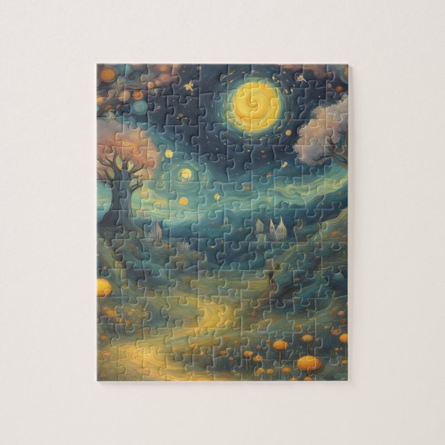 Starry Night Van Gogh Stil Fantasy Forest Pussel (Vertikal)