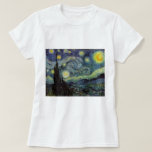 Starry Night - van Gogh T-shirt<br><div class="desc">Från gruvarbetarlampan Nuenen till den som han placerade på sin fönstersida efter scenen med Gauguin; från kvällsstjärnan noterade han 1875 i Corot Olive Orchard till brev i augusti 1888 till sin bror, där han sade: "En dag eller annan kommer du att se en bild av själva huset badas i solljus,...</div>