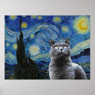 Starry Night Vincent Van Gogh Cute Kitten Poster