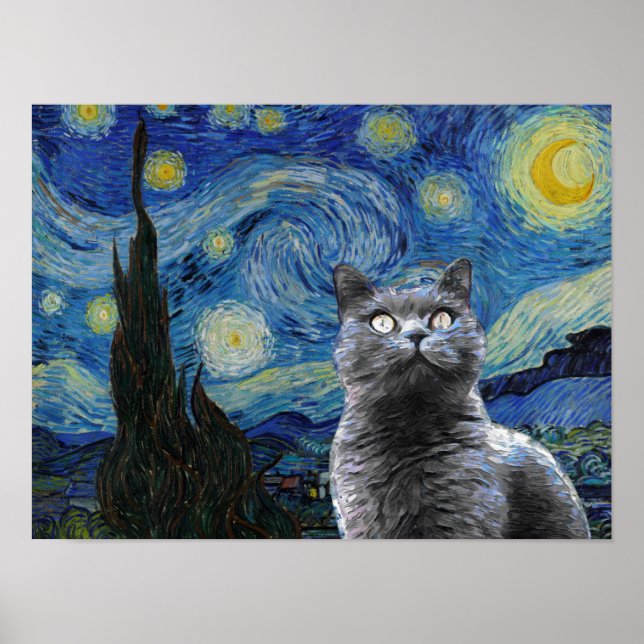 Starry Night Vincent Van Gogh Cute Kitten Poster (Framsidan)