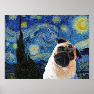 Starry Night Vincent Van Gogh Cute Pug Hund Poster