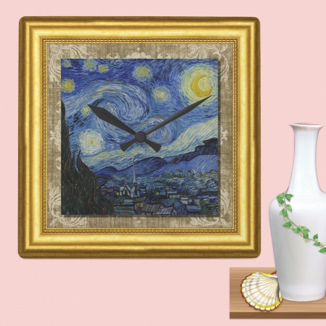 Starry Night, Vincent Van Gogh, Framed Canvas Fyrkantig Klocka (Skapare uppladdad)