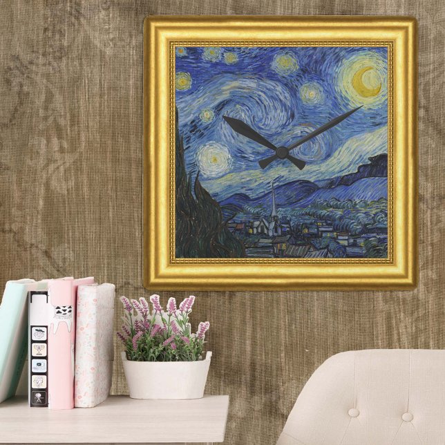 Starry Night, Vincent Van Gogh Framed Fyrkantig Klocka (Skapare uppladdad)