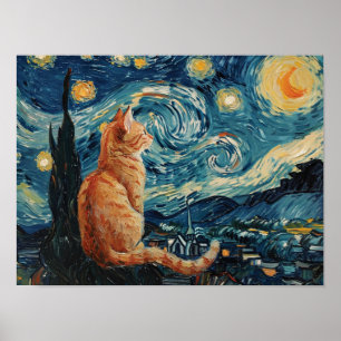 Starry Night Vincent van Gogh med Cat Poster