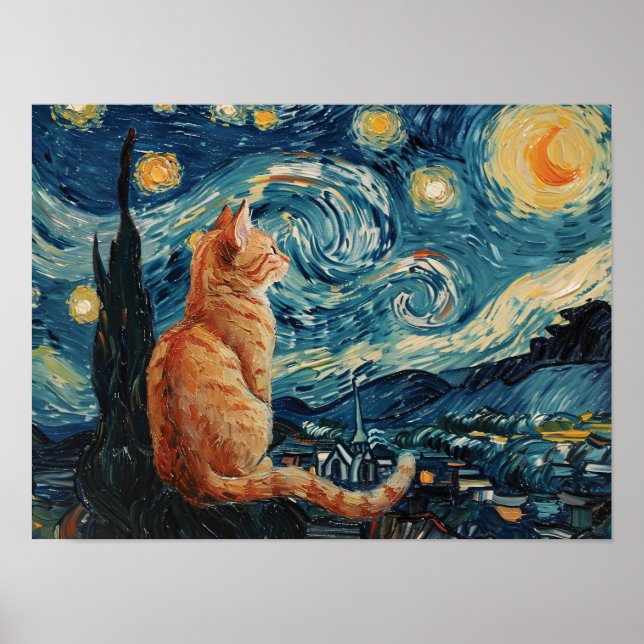 Starry Night Vincent van Gogh med Cat Poster (Framsidan)