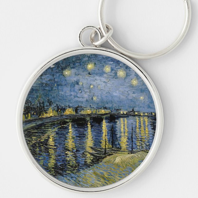 Starry Night Vincent van Gogh Rund Silverfärgad Nyckelring (Framsidan)