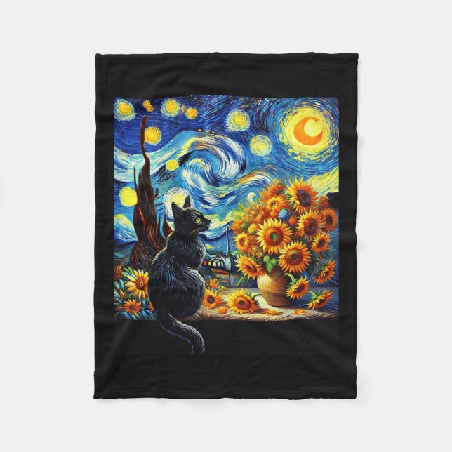 Starry Night Vincent Van Gogh Sunblommor Cat Lover Fleecefilt (Framsidan)
