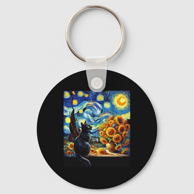 Starry Night Vincent Van Gogh Sunblommor Cat Lover Nyckelring (Framsida)