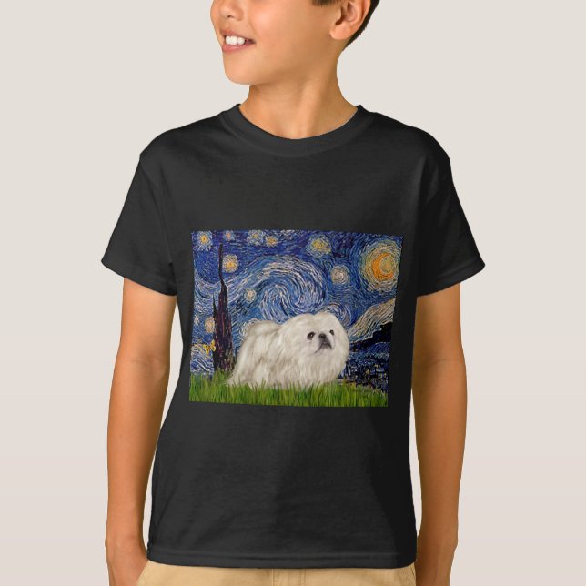 Starry Night - White Pekingese 4 T Shirt (Framsida)