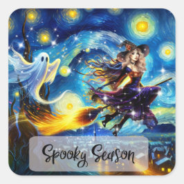 Starry Night Witchy Halloween Design Fyrkantigt Klistermärke