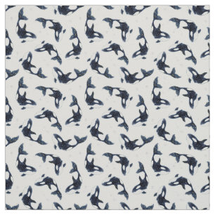 Starry Ocean Orca Whales Dreamy Blue Design Tyg