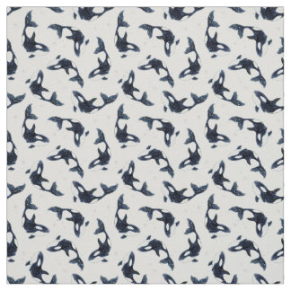 Starry Ocean Orca Whales Dreamy Blue Design Tyg