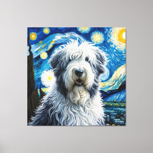 Starry Old English Sheepdog Hund Porträtt Canvastryck (Framsida)