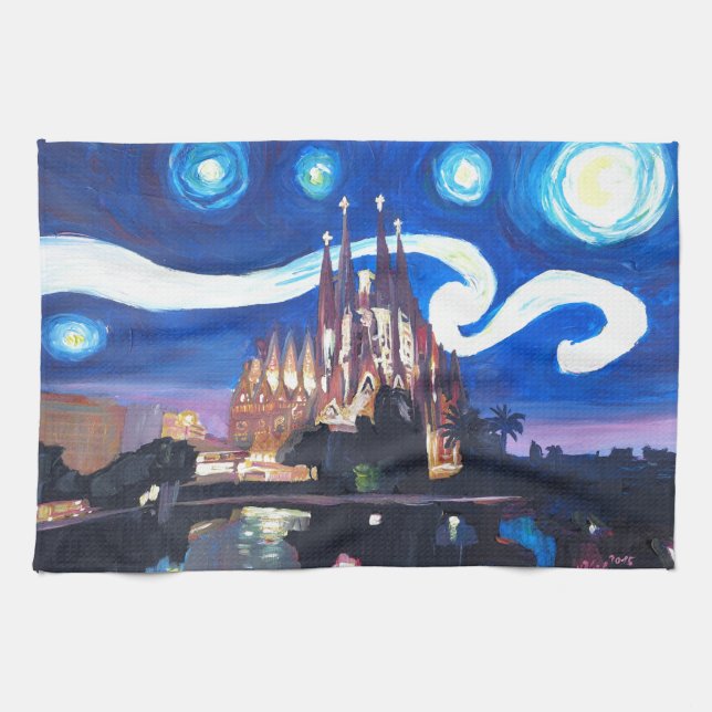 Starry på nätterna på Sagrada Familia i Barcelona Kökshandduk (Horisontell)