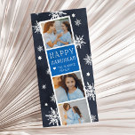 Starry Photobooth Hanukkah Photo Card Fotokort<br><div class="desc">Cute Hanukkah-fotokortet har ett foto- och fosterremsor med tre foton och en pulverblå textpanel med Hanukkah hälsning och namn i vitt,  på en marin blå bakgrund prickad med hand plockade vit snöflingor och David-stjärnor.</div>