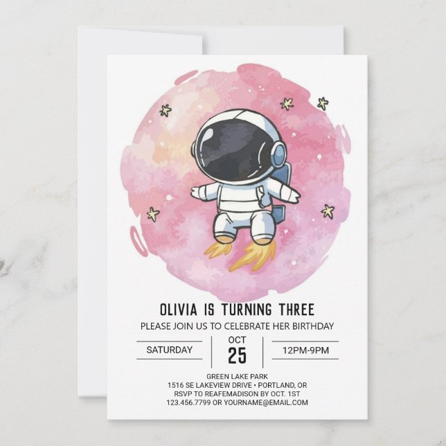 Starry Rosa Explorer Astronaut Birthday Inbjudningar (Framsida)
